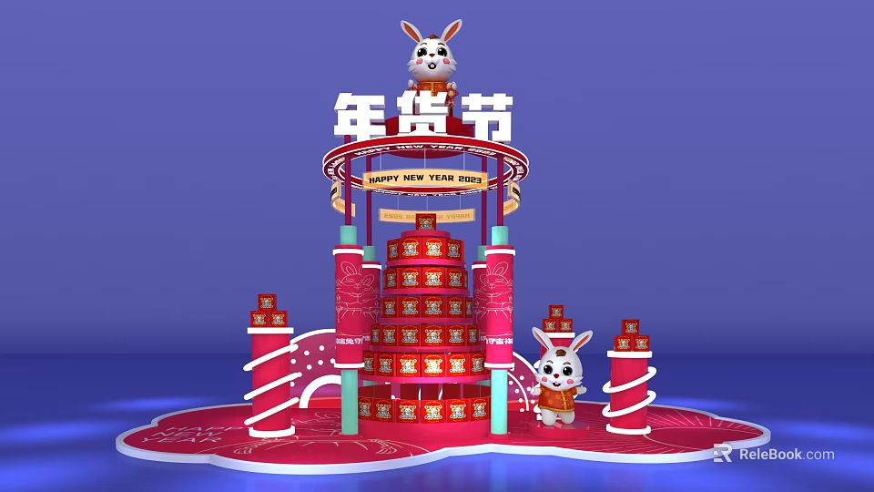 Happy New Year Fair Display With Rabbit Mascots Red Decorations And Multi Layer Stands 3d model