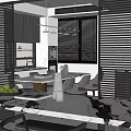 Modern Kitchen Interior With Black Cabinets Marble Countertop Dining Table And Chairs 3d model
