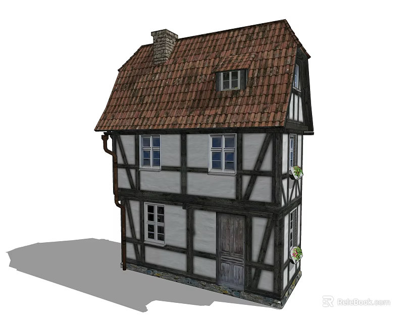 Traditional Detached House With Timber Frame Red Tiled Roof Chimney And White Walls 3d model 