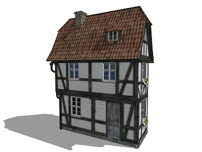 Traditional Detached House With Timber Frame Red Tiled Roof Chimney And White Walls 3d model