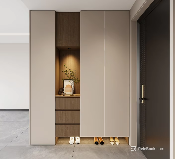 Modern Light Wood Shoe Cabinet With Open Shelf Grey Panels Drawers And Decorative Plant 3d model 