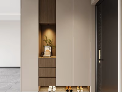 Modern Light Wood Shoe Cabinet With Open Shelf Grey Panels Drawers And Decorative Plant 3d model