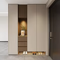 Modern Light Wood Shoe Cabinet With Open Shelf Grey Panels Drawers And Decorative Plant