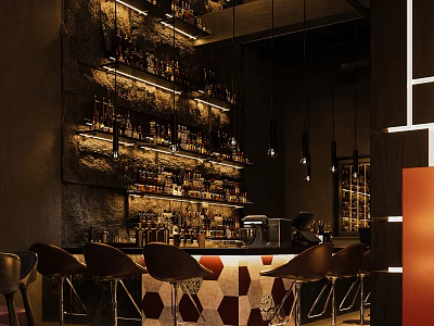 Stylish Bar Interior Design With Shelves Full Of Bottles And Modern Counter Stools 3d model