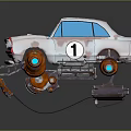 Cartoon Style White Car With Blue Windows Red Stripes Number 1 And Orange Mechanical Wheels