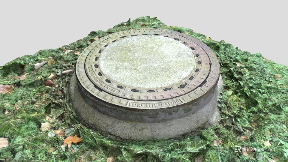 Circular Manhole Cover With Metal Frame In Outdoor Grass And Fallen Leaves Scene 3d model 