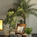 Indoor Bonsai Potted Plant Decor With Monstera Palm Natural Light Wicker Chair And Throw Pillow