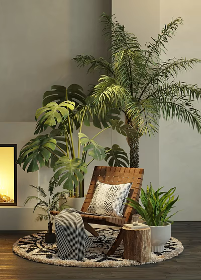 Indoor Bonsai Potted Plant Decor With Monstera Palm Natural Light Wicker Chair And Throw Pillow 3d model