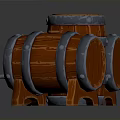 Wooden Barrels With Metal Hoops And Open Lids In Various Positions