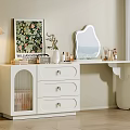 White Dressing Table With Drawers Stylish Mirror Lamp Painting Vase And Cosmetics
