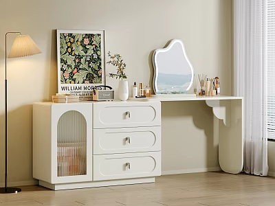 White Dressing Table With Drawers Stylish Mirror Lamp Painting Vase And Cosmetics 3d model