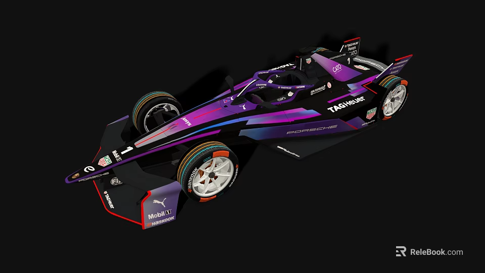 Sleek Purple Black Race Car Design With TAG Heuer PUMA Sponsorship And Aerodynamic Body 3d model