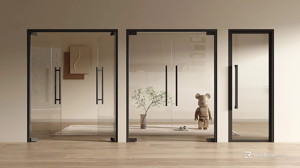 Modern Glass Double Doors in Minimalist Interior with Small Plant Teddy Bear and Wooden Floor 3d model 
