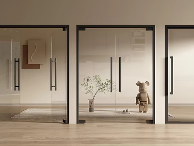 Modern Glass Double Doors in Minimalist Interior with Small Plant Teddy Bear and Wooden Floor 3d model