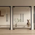 Modern Glass Double Doors in Minimalist Interior with Small Plant Teddy Bear and Wooden Floor