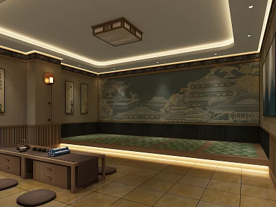 Traditional SPA Sauna Interior With Mural Art Wooden Platform And Warm Lighting 3d model