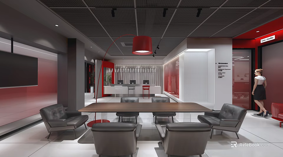 Modern Front Desk Reception Area With Gray Seating Red Decor And Modern Lighting 3d model