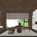 Modern Tea Room Interior Design With Long Wooden Table Chairs Tea Sets And Natural Light