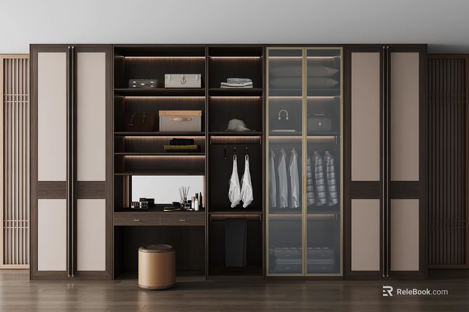 Modern Wooden Wardrobe With Glass Doors Multiple Compartments Hanging Space And Storage Shelves 3d model 