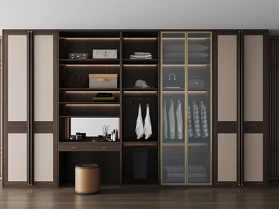 Modern Wooden Wardrobe With Glass Doors Multiple Compartments Hanging Space And Storage Shelves 3d model