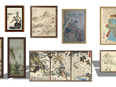 Traditional Oriental Paintings with Mountain Water Figures and Animal Themes in Framed Screens 3d model