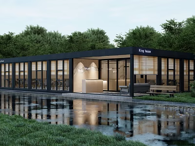 Modern Glass Building The House Featuring Waterfront Green Trees And Relaxing Seating 3d model