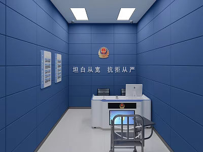 Blue Wall Monitoring Room Interior with Slogan Bulletin Boards National Emblem Desk Computers and Chair 3d model