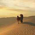 Sunset Over Rolling Desert Sand Dunes With Person Horse And Cloudy Sky