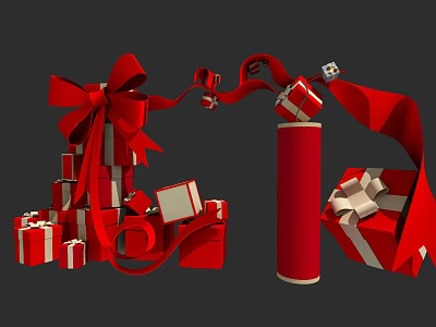 Festive Red Gift Boxes with Large Bow and Scroll Decorated in Ribbons 3d model