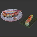Sliced Sushi Rolls On Blue White Wave Plate With Chopsticks Wasabi And Black Plate Roll