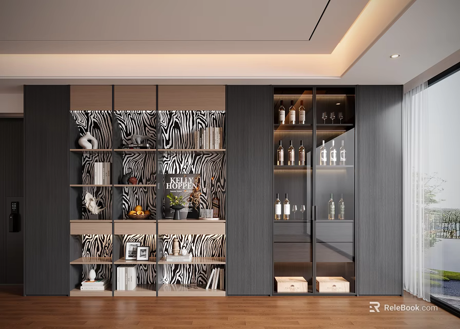 Modern Decorative Cabinet Design With Zebra Pattern Shelves Glass Doors And Decorative Items 3d model 