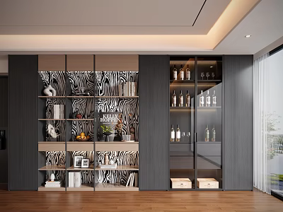 Modern Decorative Cabinet Design With Zebra Pattern Shelves Glass Doors And Decorative Items 3d model
