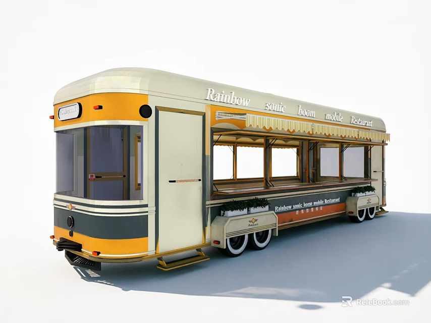 Railway Commercial Equipment Mobile Food Cart With Yellow White Black Multiple Windows Open Service Counter 3d model 