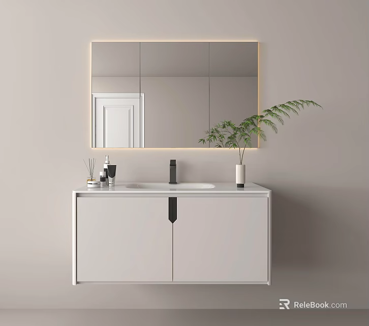 Modern Minimalist Bathroom Vanity With White Cabinet Lighted Mirror Black Faucet Toiletries And Green Plant 3d model 