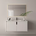 Modern Minimalist Bathroom Vanity With White Cabinet Lighted Mirror Black Faucet Toiletries And Green Plant