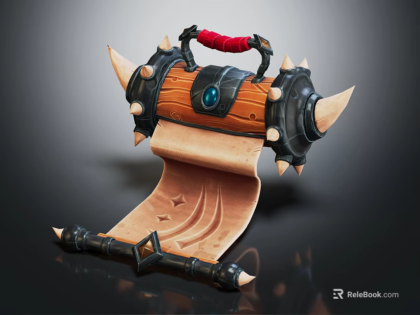 Ornate Beige Scroll Object With Wooden Body Red Handle Metal Spikes And Blue Gem 3d model 