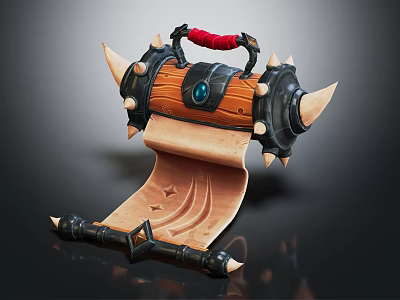 Ornate Beige Scroll Object With Wooden Body Red Handle Metal Spikes And Blue Gem 3d model