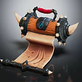 Ornate Beige Scroll Object With Wooden Body Red Handle Metal Spikes And Blue Gem