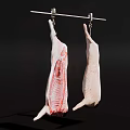 Two Raw Meat Carcasses Hanging On Metal Rod With Hooks Against Black Background