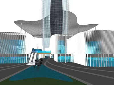 Modern Office Building Design With Glass Curtain Walls Unique Roof And Water Feature 3d model