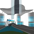 Modern Office Building Design With Glass Curtain Walls Unique Roof And Water Feature
