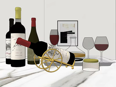 Wine Bottles And Glasses On Marble Countertop With Golden Wine Rack And Decorative Painting 3d model