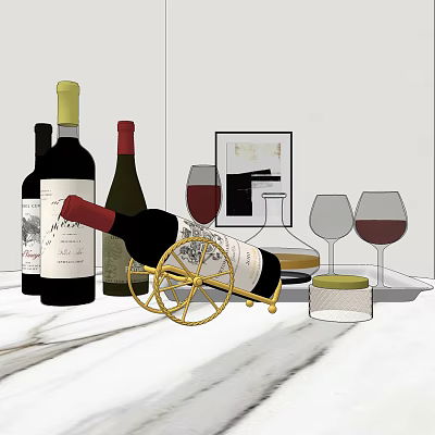 Wine Bottles And Glasses On Marble Countertop With Golden Wine Rack And Decorative Painting 3d model