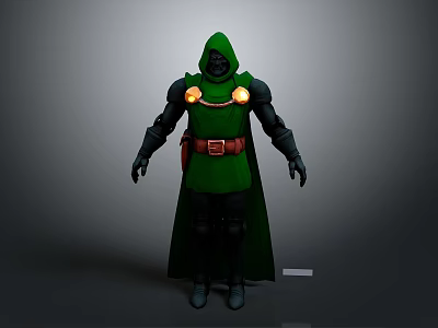 Green Hooded Cloak Costume Design with Glowing Shoulder Ornaments and Brown Belt 3d model