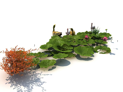 Lush Aquatic Plants Scene With Green Lotus Leaves Pink Flowers And Orange Foliage 3d model