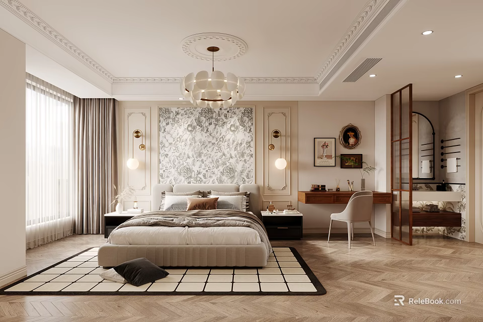 Elegant Modern Bedroom Interior Design With Crystal Chandelier Patterned Wall Mural And Geometric Rug 3d model 