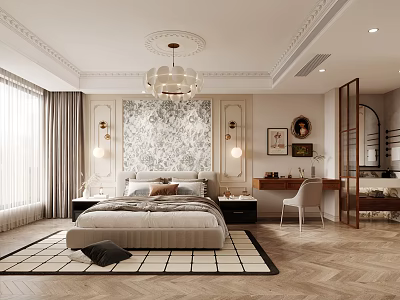 Elegant Modern Bedroom Interior Design With Crystal Chandelier Patterned Wall Mural And Geometric Rug 3d model