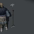 Game Movie Character Bald Head Beard In Blue Dark Outfit Green Beads And Long Weapon
