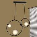 Modern Circular Chandelier with Black Rings and White Globes with Beige Wall and Window Blinds
