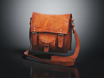 Brown Vintage Leather Crossbody Bag With Textured Surface And Metal Buckles 3d model